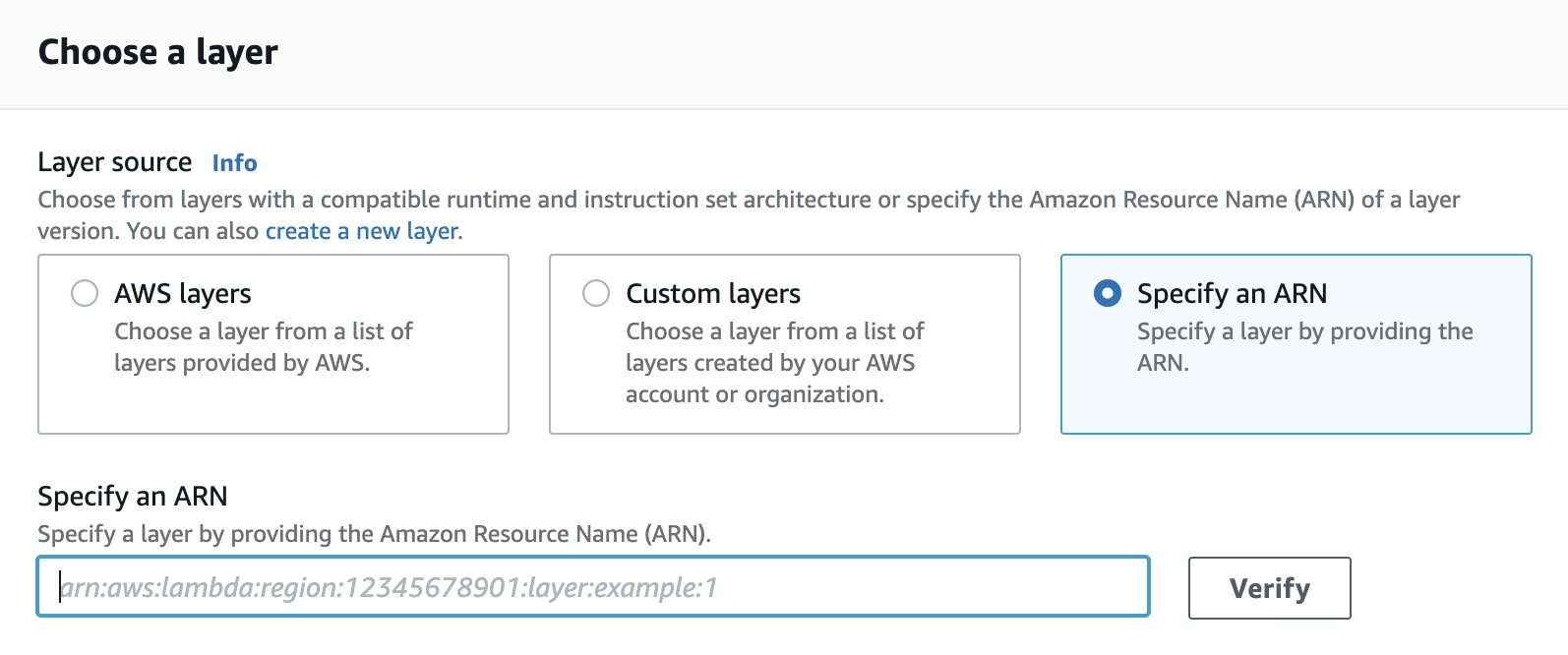 AWS 控制台中选择层的图像