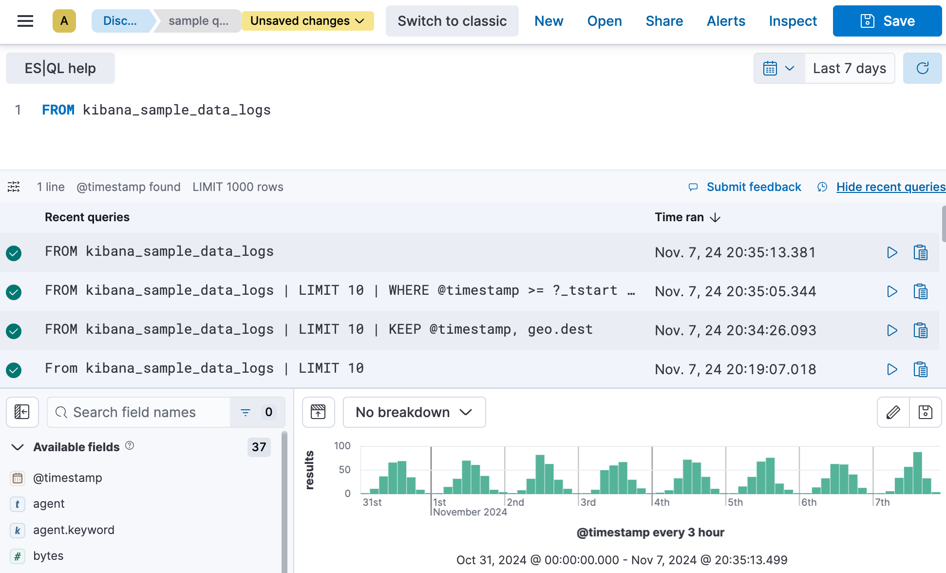 esql discover query history