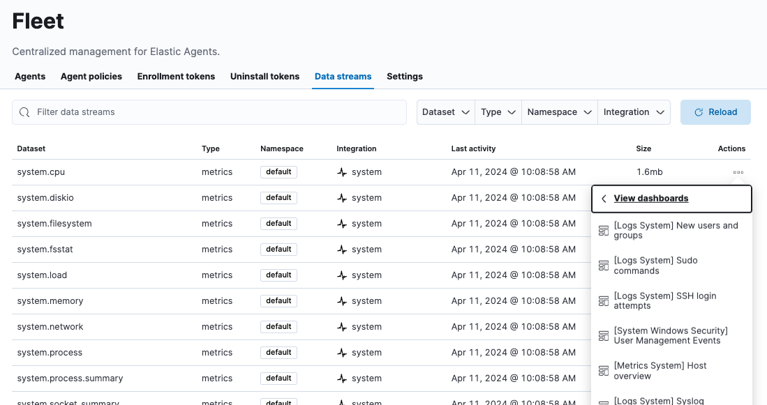 Data streams page