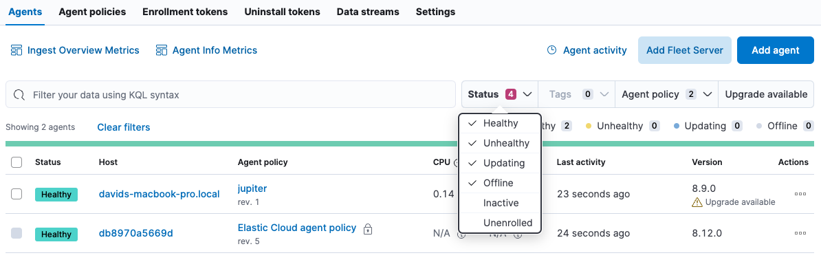 Agent Status dropdown with multiple statuses selected