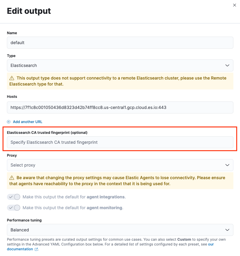 Screen capture of the Edit Output UI: Elasticsearch CA trusted fingerprint