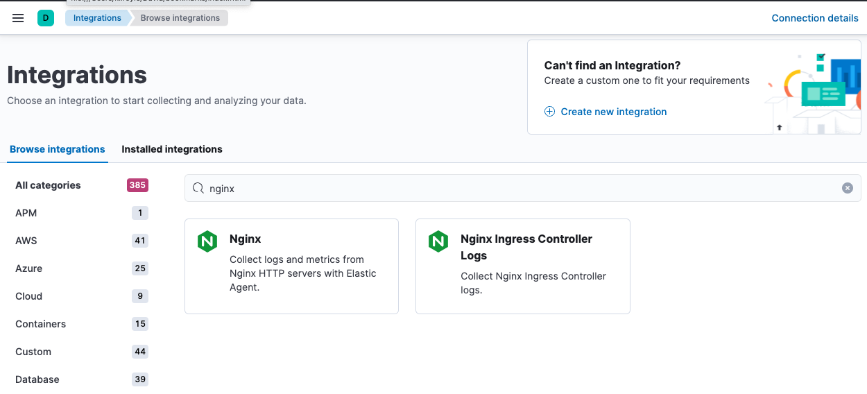 Integrations page with nginx in the search bar