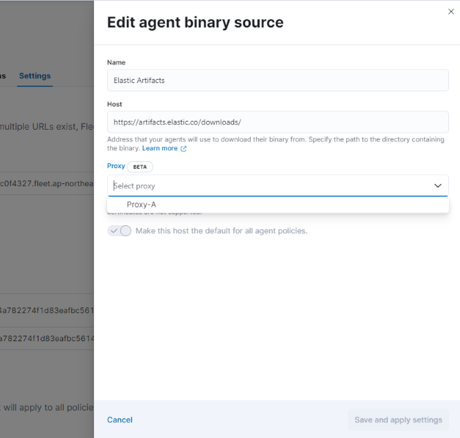 Screen capture of the Edit agent binary source UI in Fleet