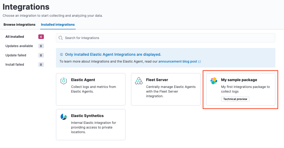 Kibana installed integrations tab with a card for my sample package