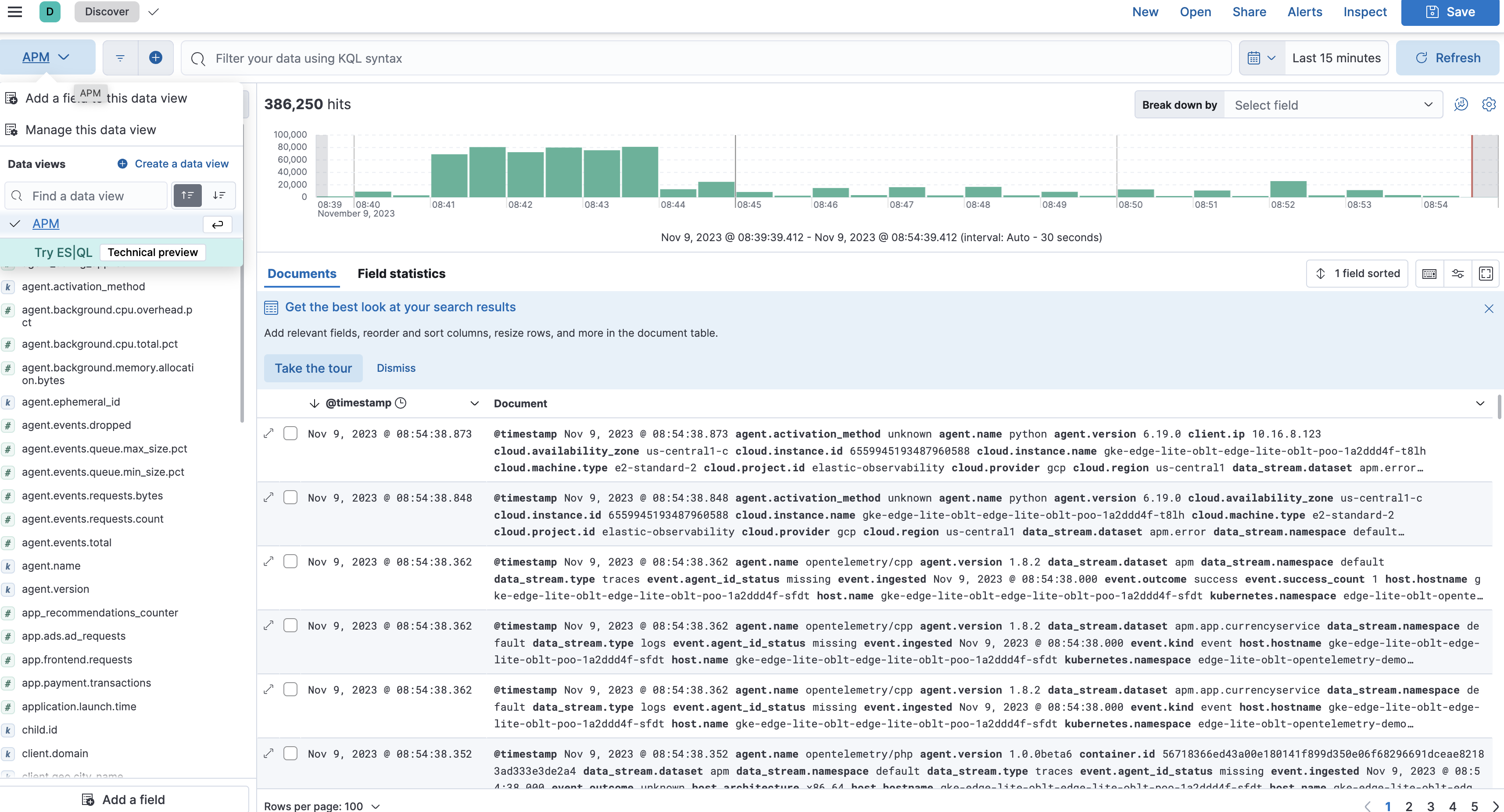 Example view of Explorer selecting APM data view