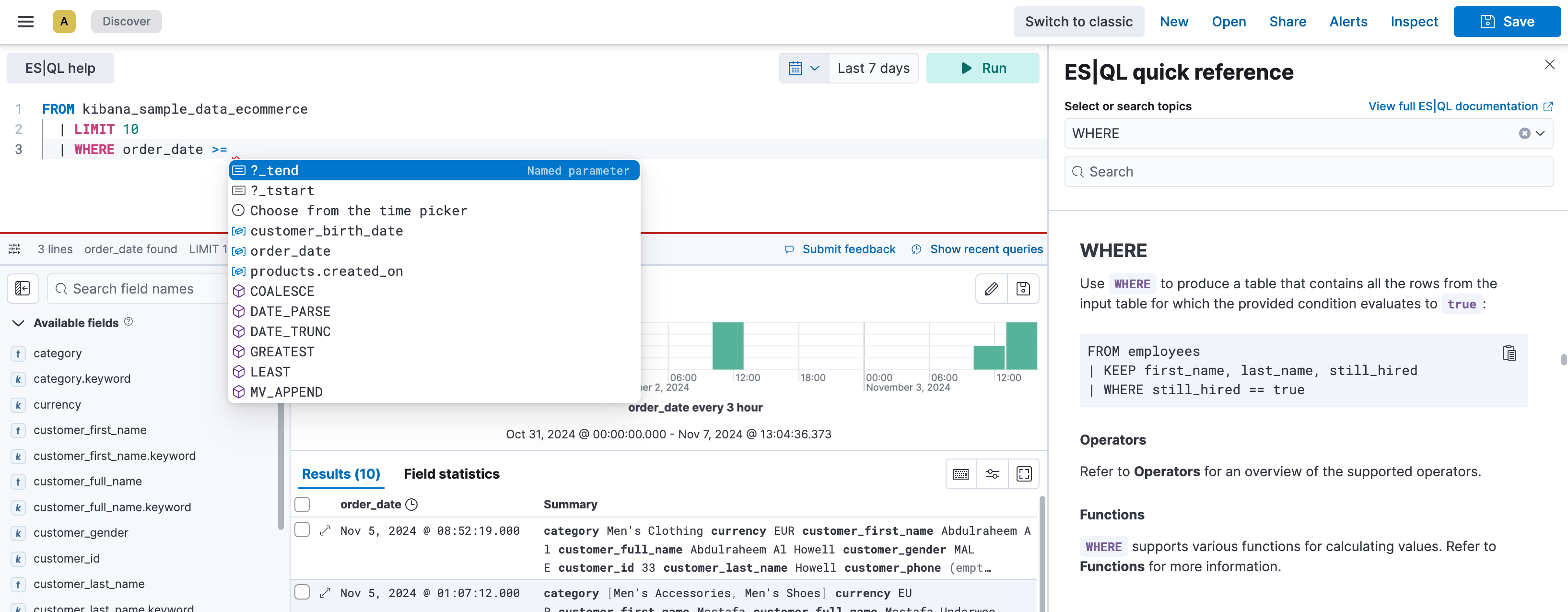 The ES|QL syntax reference and the autocomplete menu