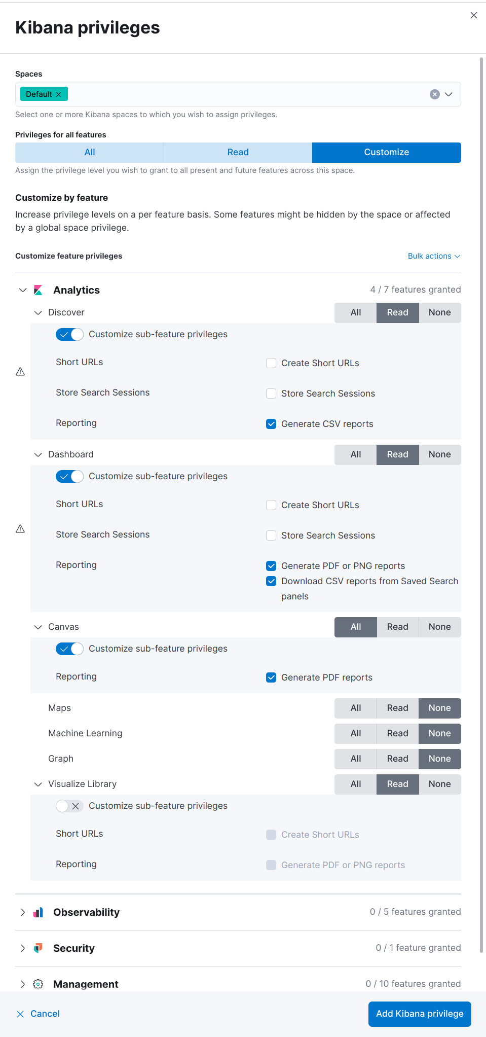 Kibana privileges with Reporting options, Gold or higher license