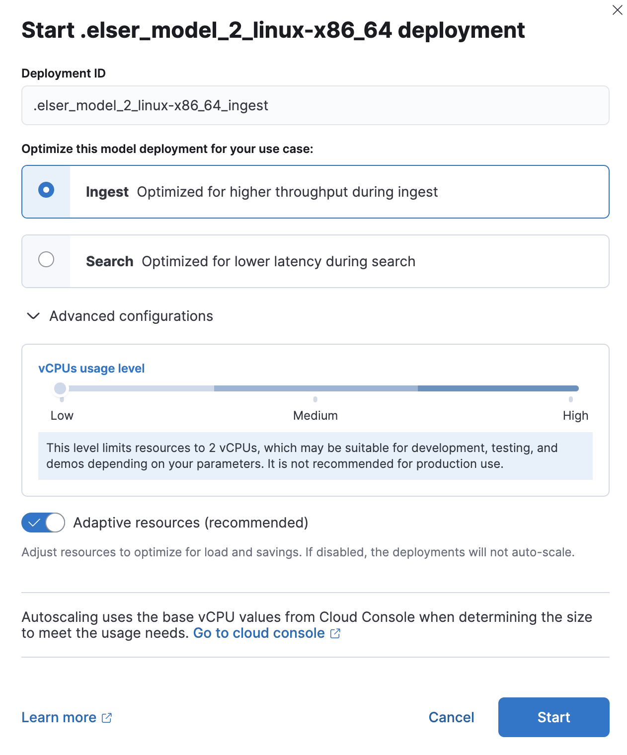 ELSER deployment with adaptive resources enabled.