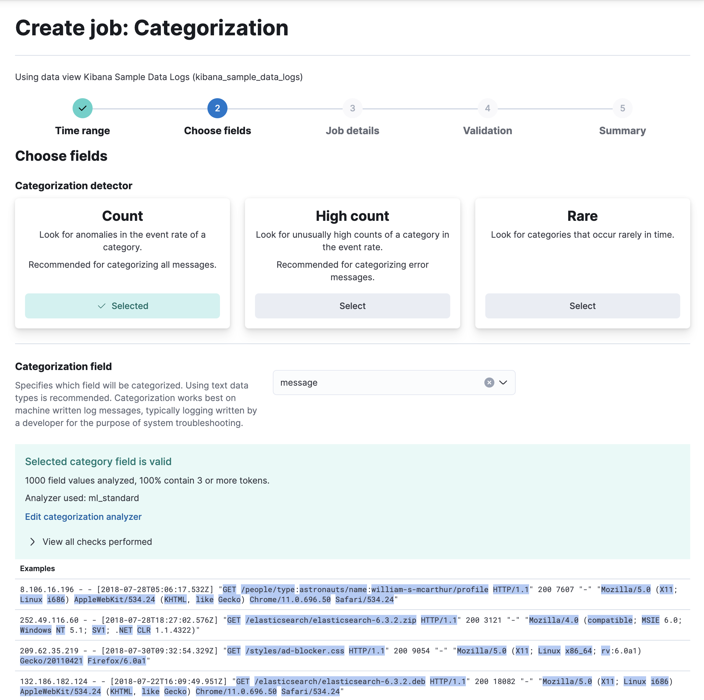 Creating a categorization job in Kibana