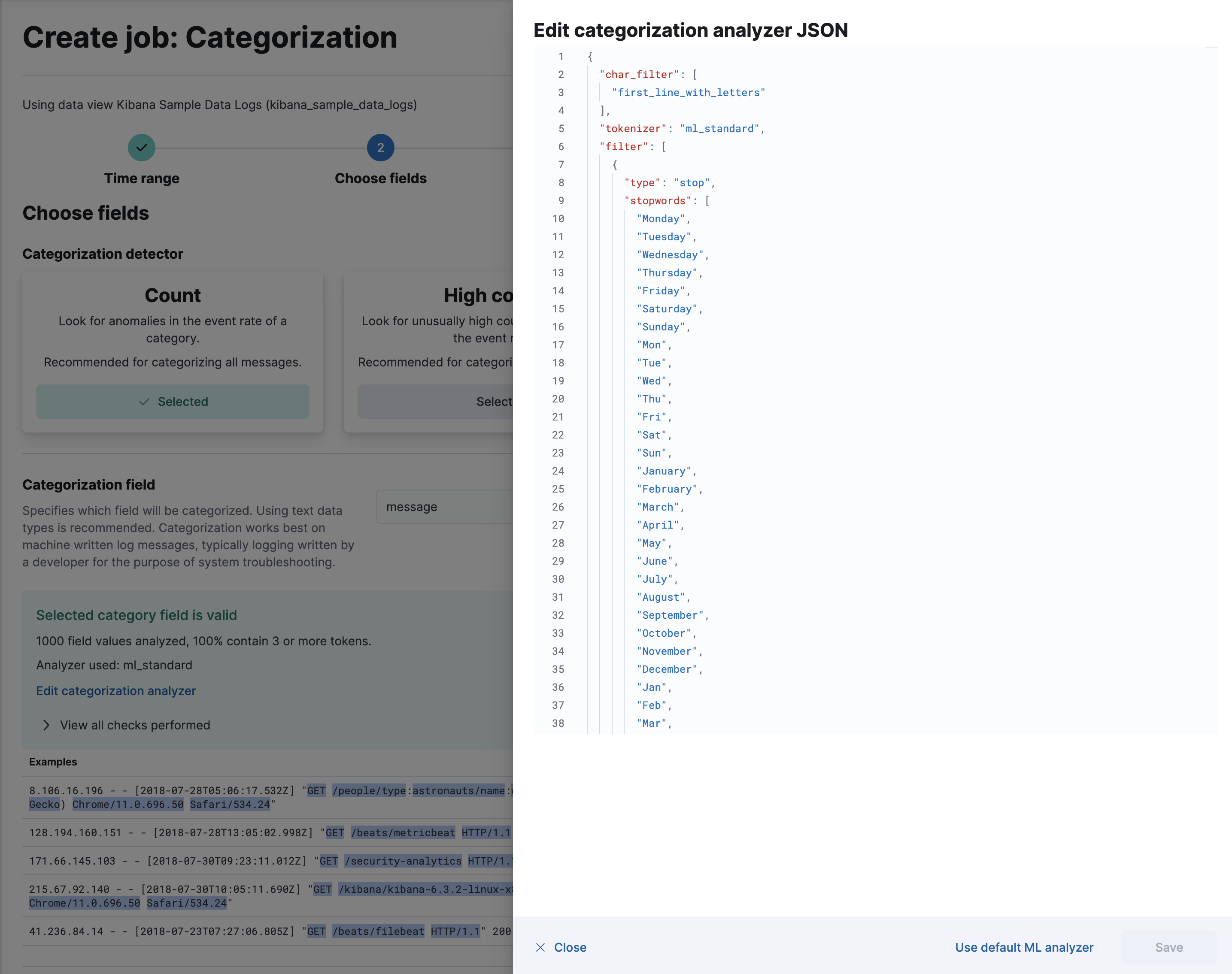 Editing the categorization analyzer in Kibana