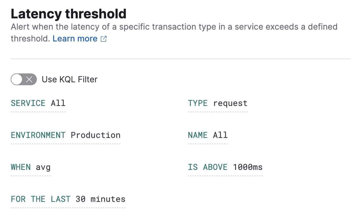 apm latency threshold rule filters conditions