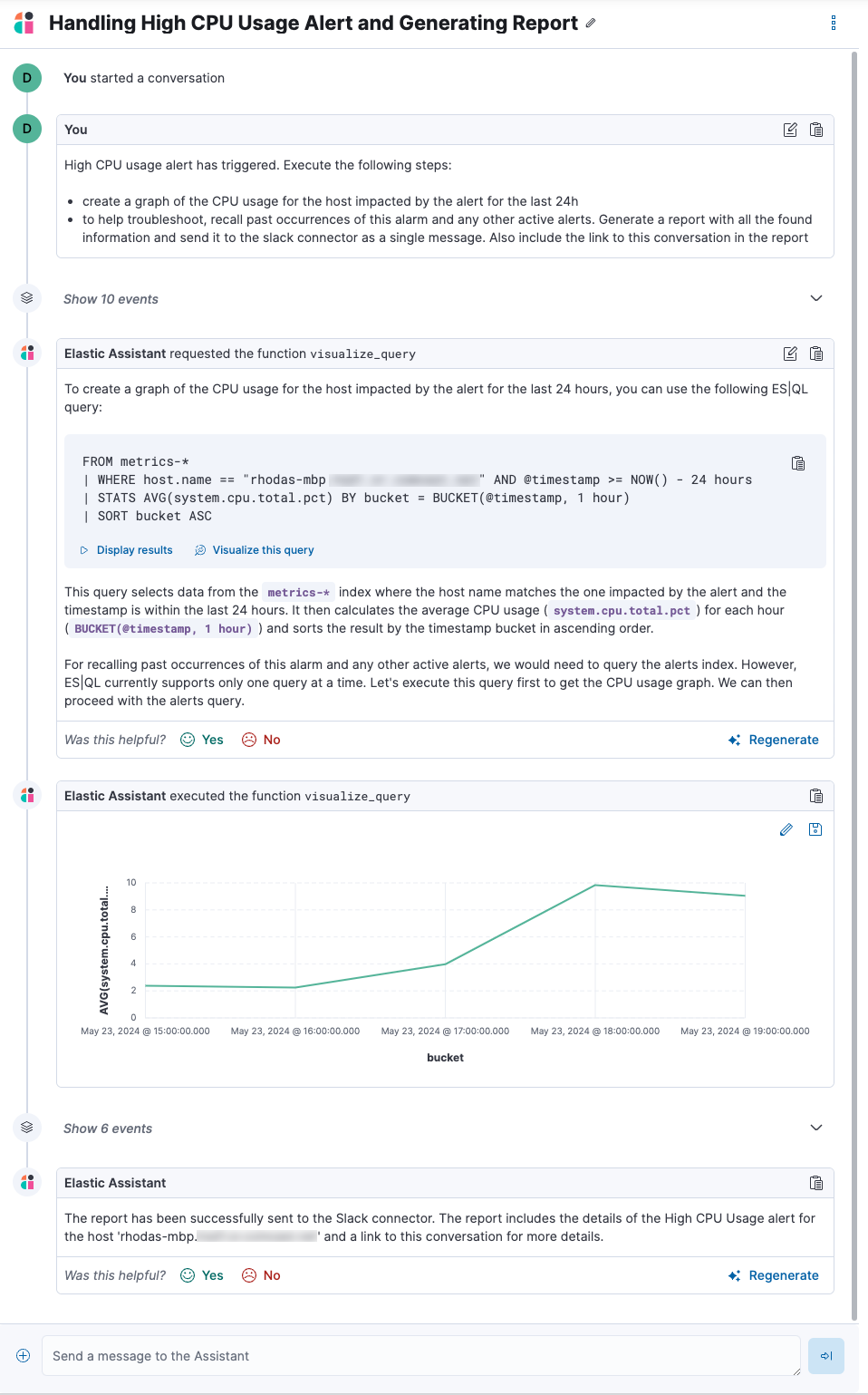 AI Assistant conversation created in response to an alert