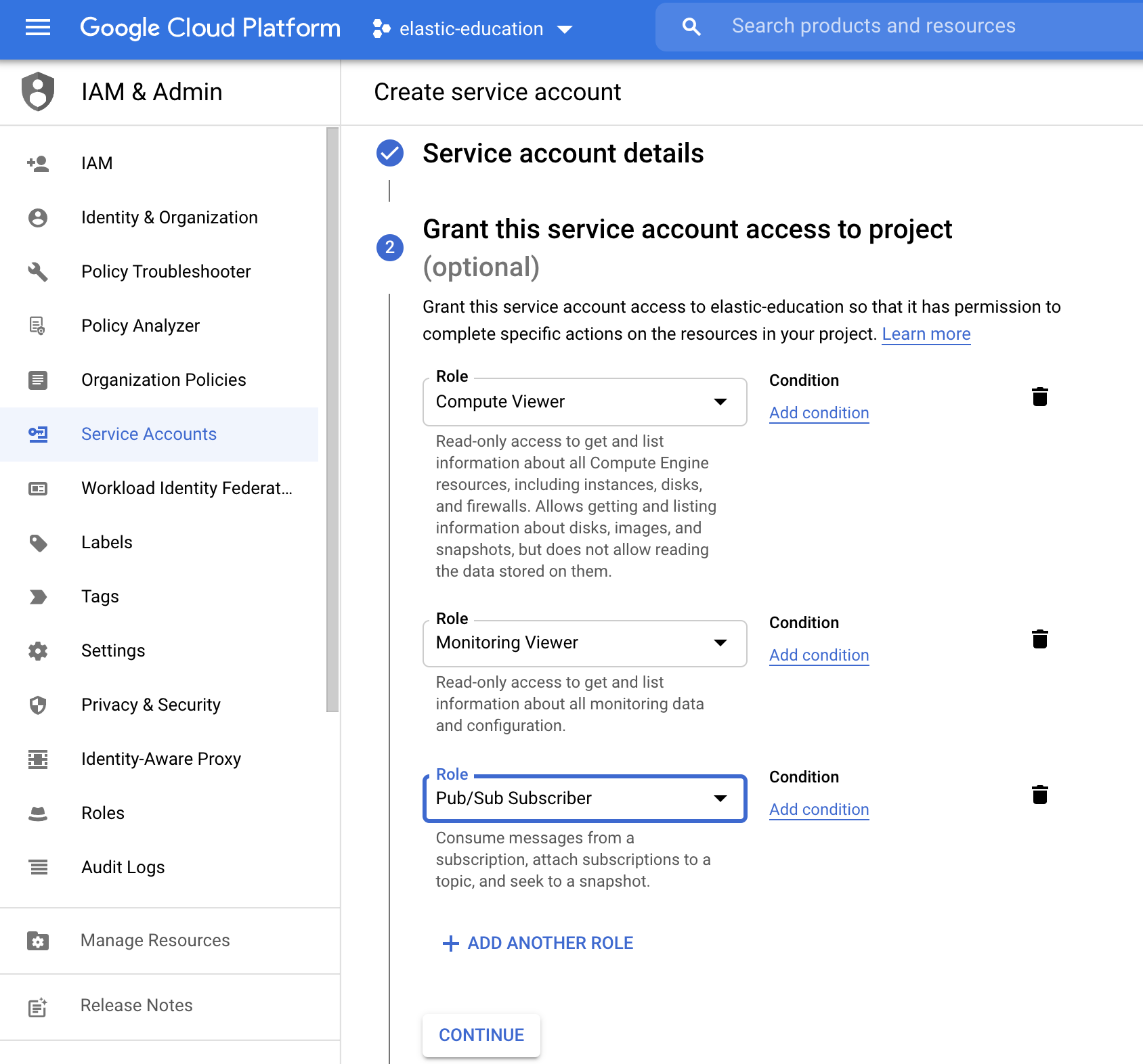 Service account roles result