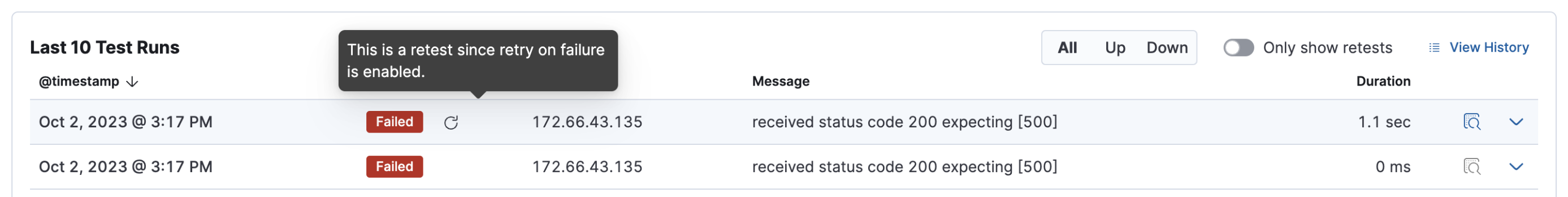 A failed run and a retest in the table of test runs in the Synthetics app