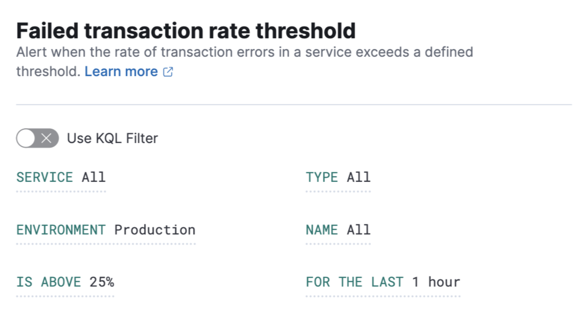 apm failed transaction rate threshold rule filters conditions