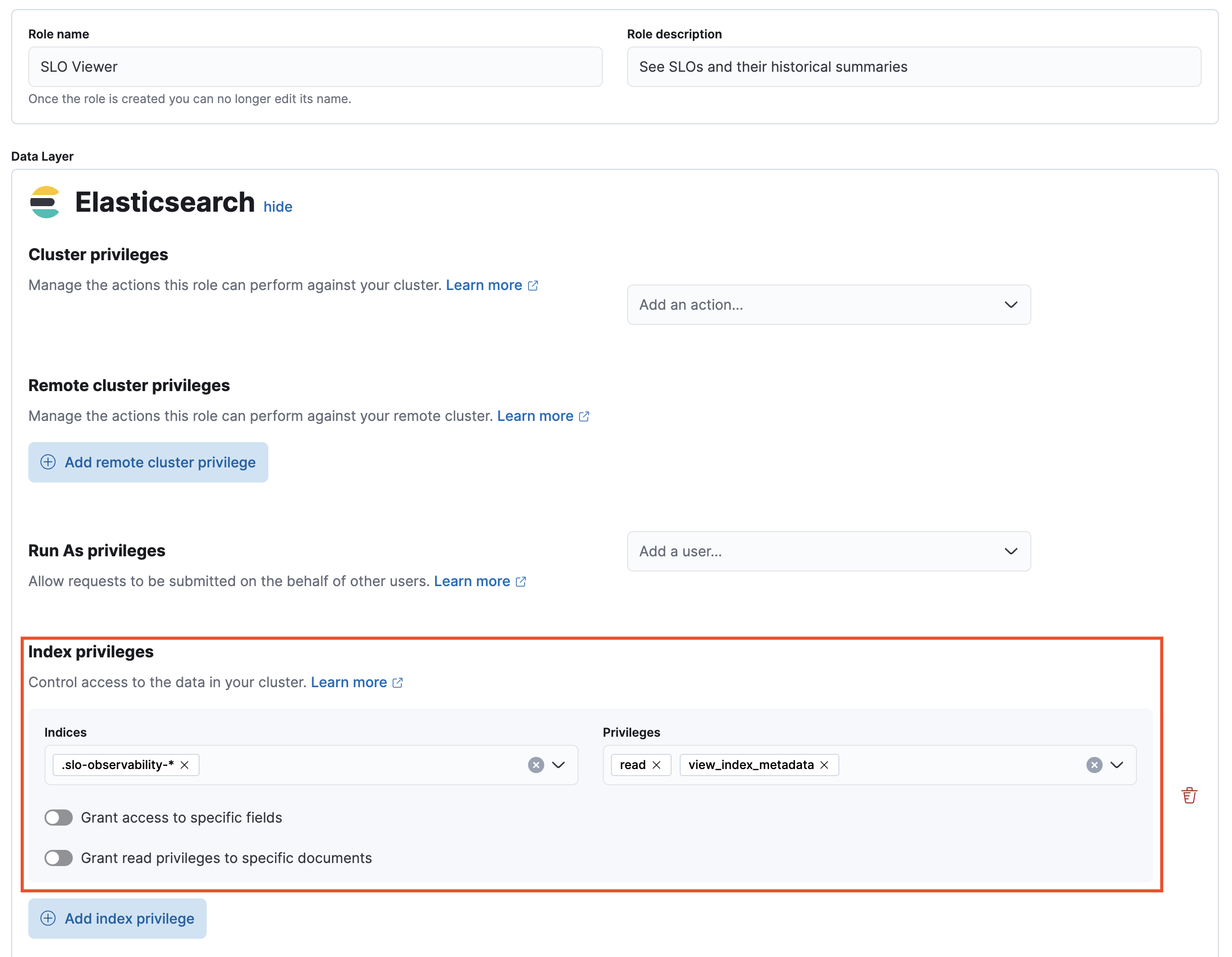 Index privileges for SLO Viewer role