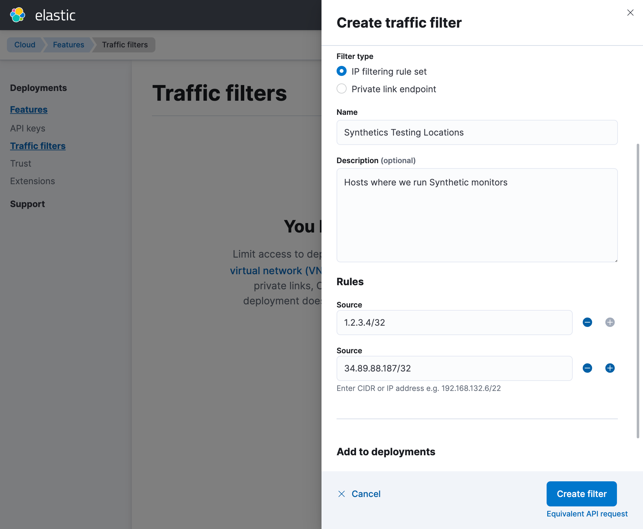 Create a traffic filter in https://elastic.ac.cn/guide/en/cloud/current