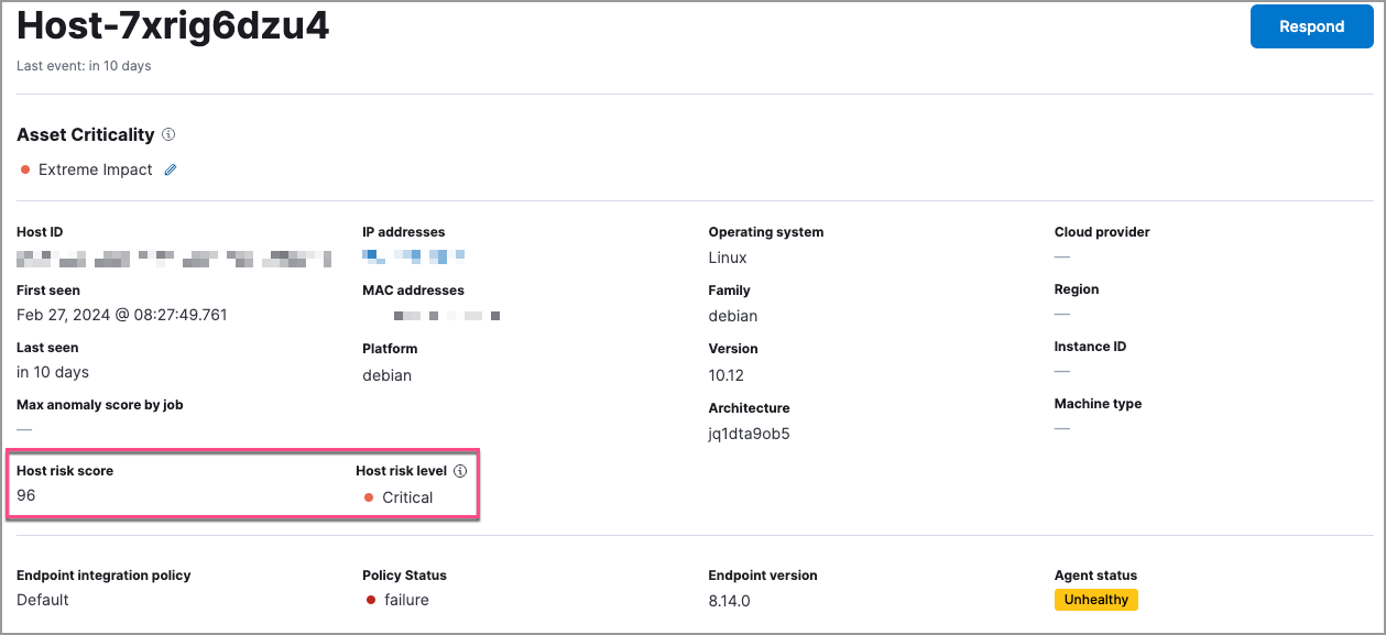 Host risk data in the Overview section of the host details page