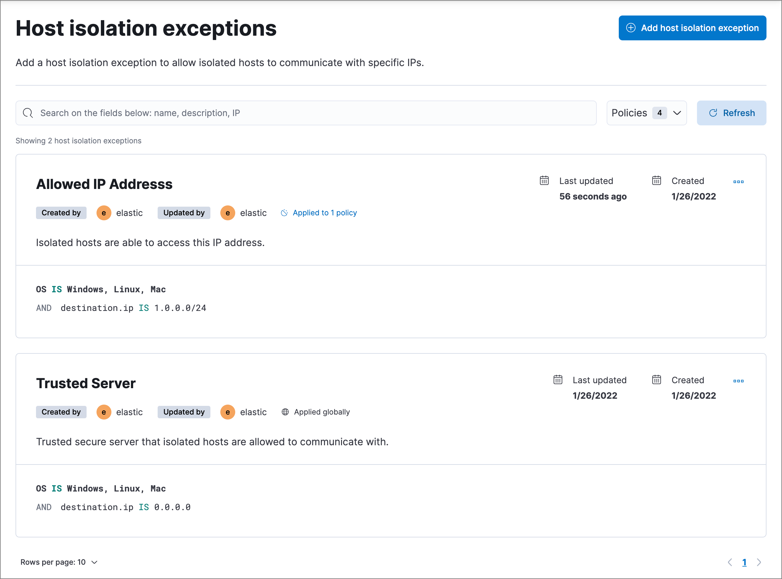 List of host isolation exceptions