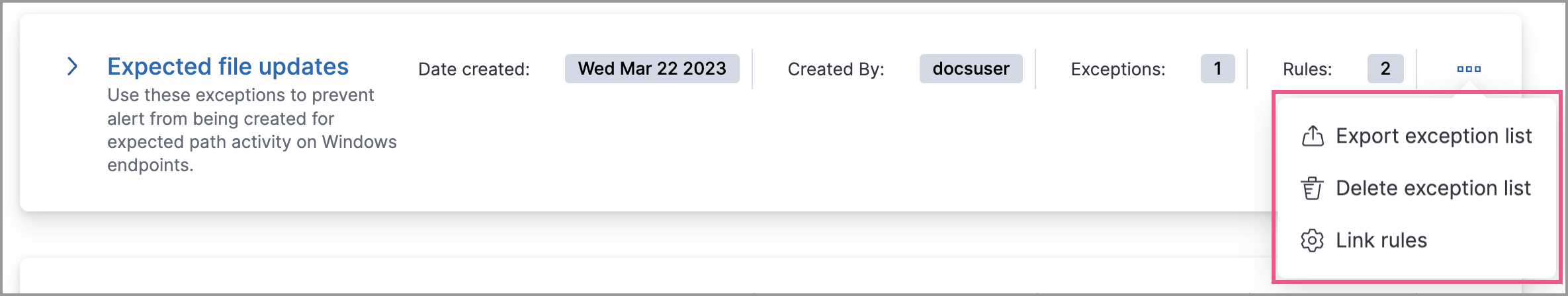 Detail of Exception lists table with export and delete buttons highlighted