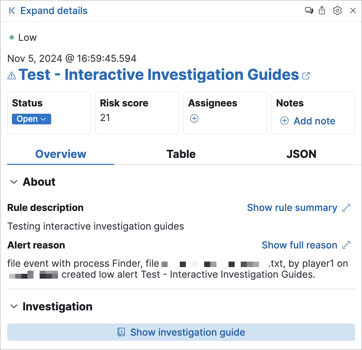 Alert details flyout with interactive investigation guide