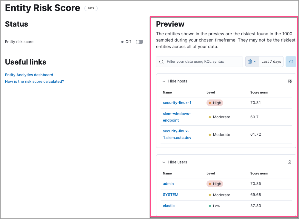 Preview of risky entities