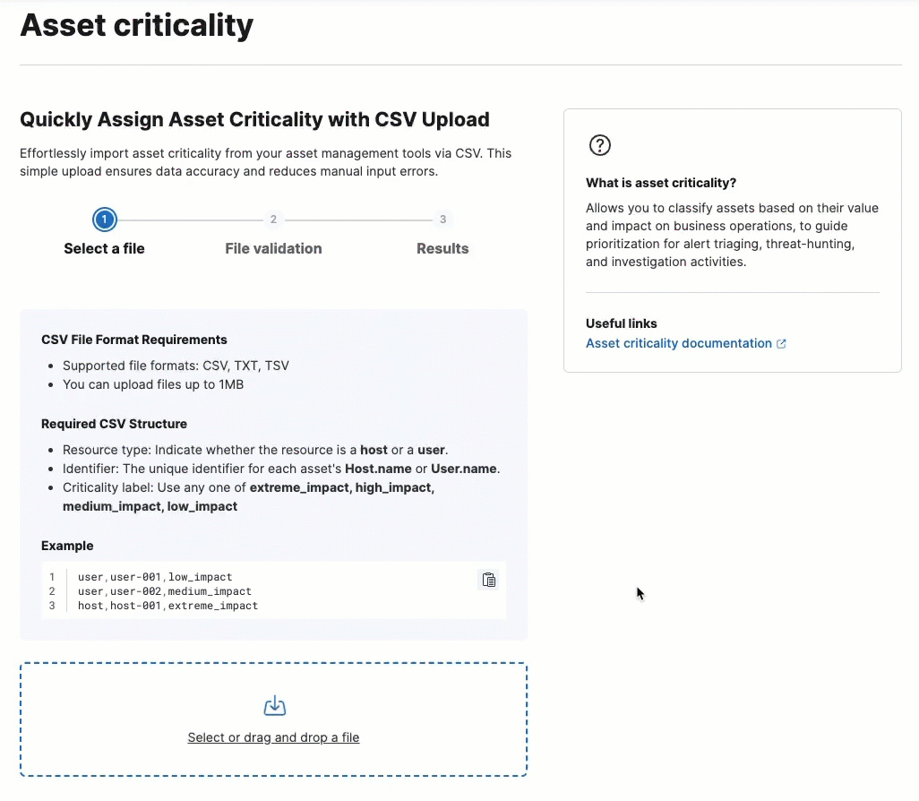 Animation of asset criticality file upload